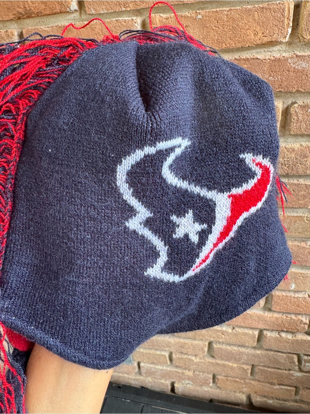 Houston Texans Knit Beanie Hat Red Navy Mow Hawk Flaps Logo One Size Adult